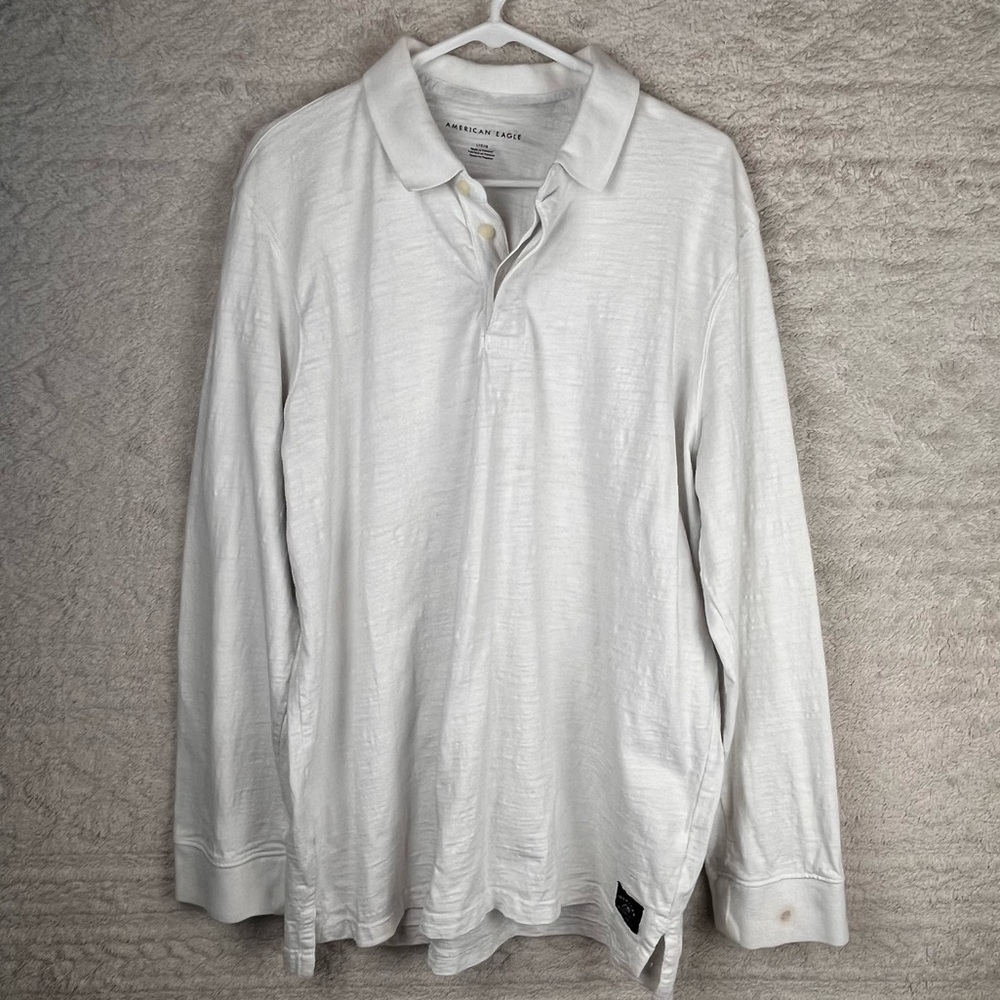 AMERICAN EAGLE Rugby Long Sleeve Ivory Polo Shirt Sz Large Prep Preppy